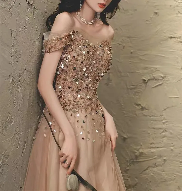 Abiti da sera di lusso in oro champagne A-Line con spalle scoperte Perline Paillettes Abiti da cerimonia lunghi per cerimonia formale da sposa 2025