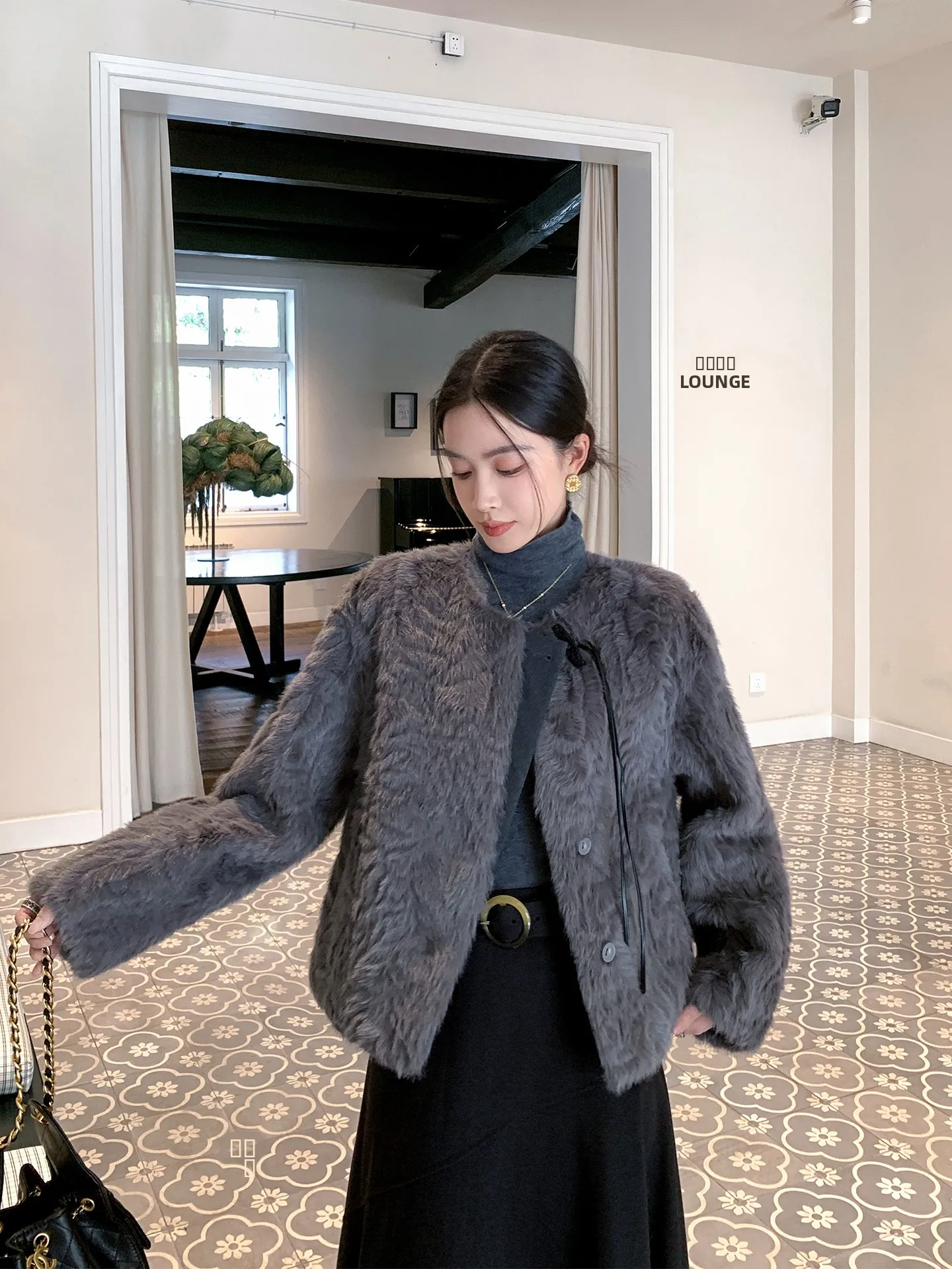 

Binguo Vintage ey ort Fur Coat Women's Faionable Top Winter New Design Commute Sle Stand Fit Polyester Fiber