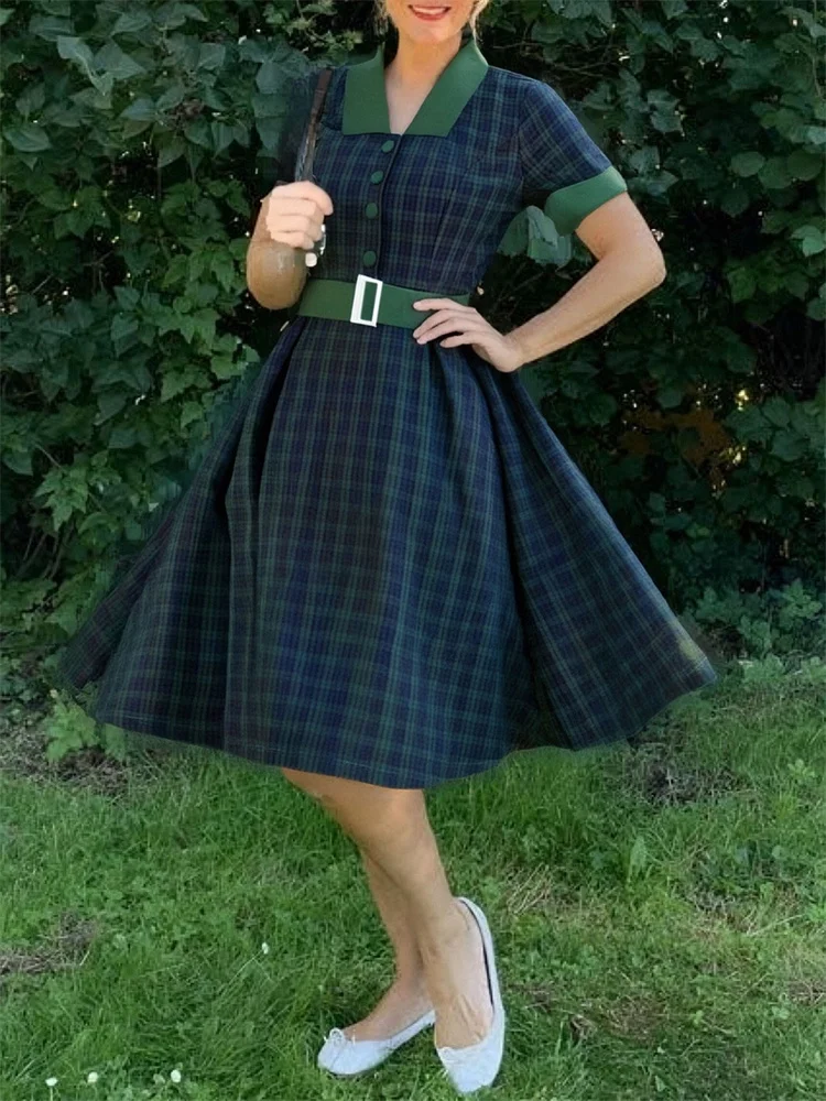 그린 체크 무늬 프린트 50년대 60년대 빈티지 여성용 빅 스윙 드레스 코튼 싱글 브레스티드 버튼 셔츠 쇼트 프롬 파티 드레스