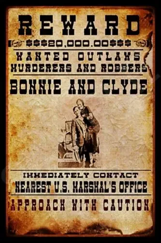 BONNIE & CLYDE WANTED METAL SIGN 8X12 OUTLAW DEAD OR ALIVE REWARD U.S. MARSHAL