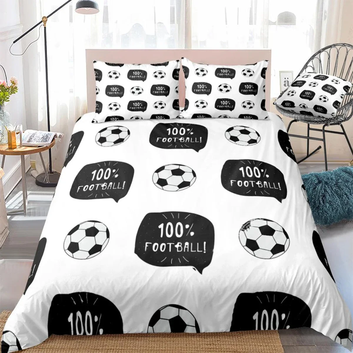 3 Pieces Football Duvet Cover Set Sports Ball Bedding Kids Boys Teens Black White Quilt Cover Queen Bed Set Balls Dropship