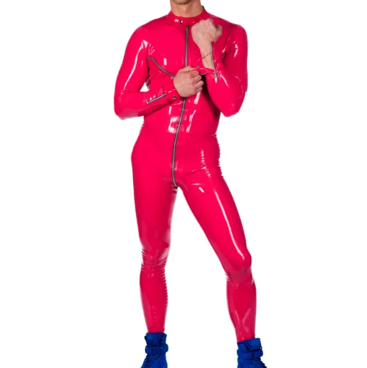 

Latex Rubber Gummmi Red Jumpsuit role play party hand customized 0.4mm XS-XXL