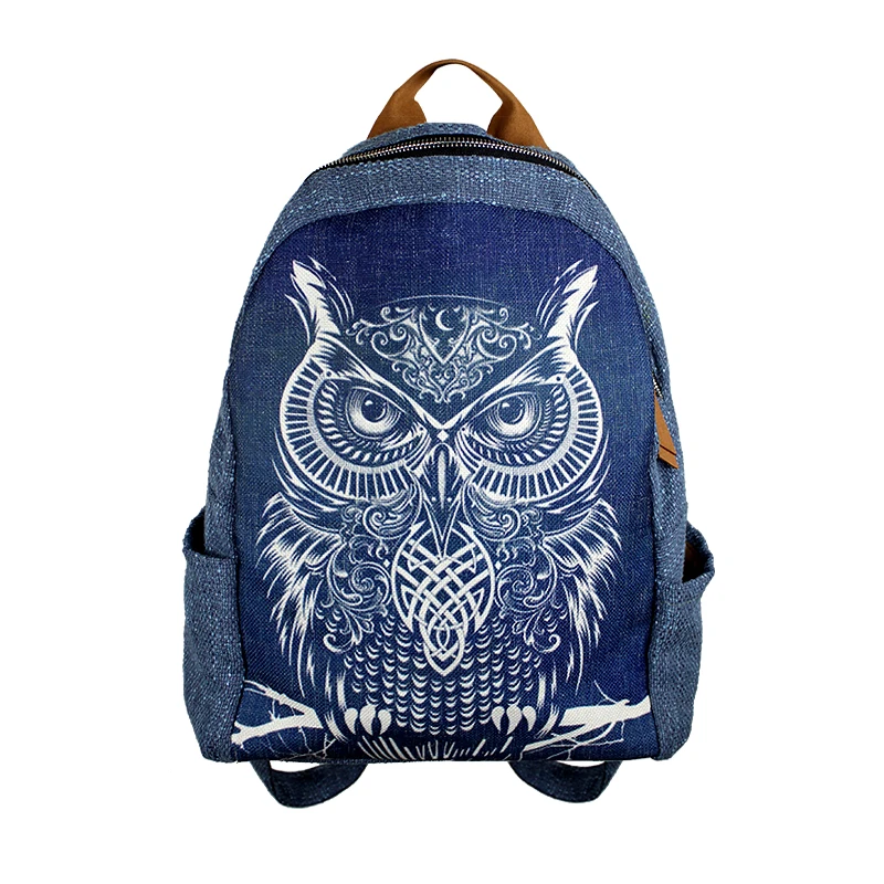 Vintage women's backpack Cotton Hemp Summer bag Blue large Owl bag Travel Backpack women's travel bags
