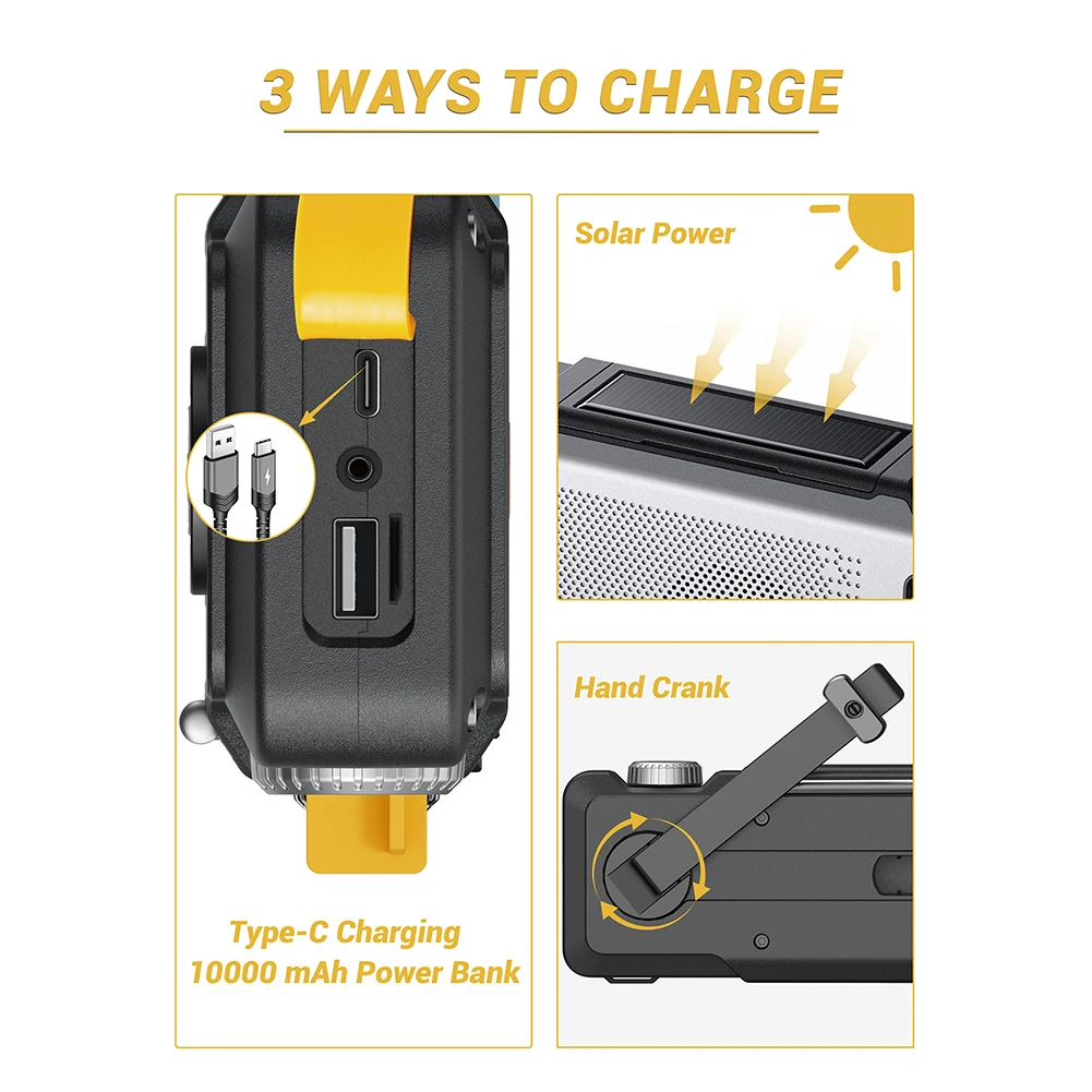 야외 캠핑 및 비상 사태를위한 보조베터리 SOS 손전등 태양 라디오와 10000mAh 핸드 크랭크 비상 라디오 휴대용 라디오