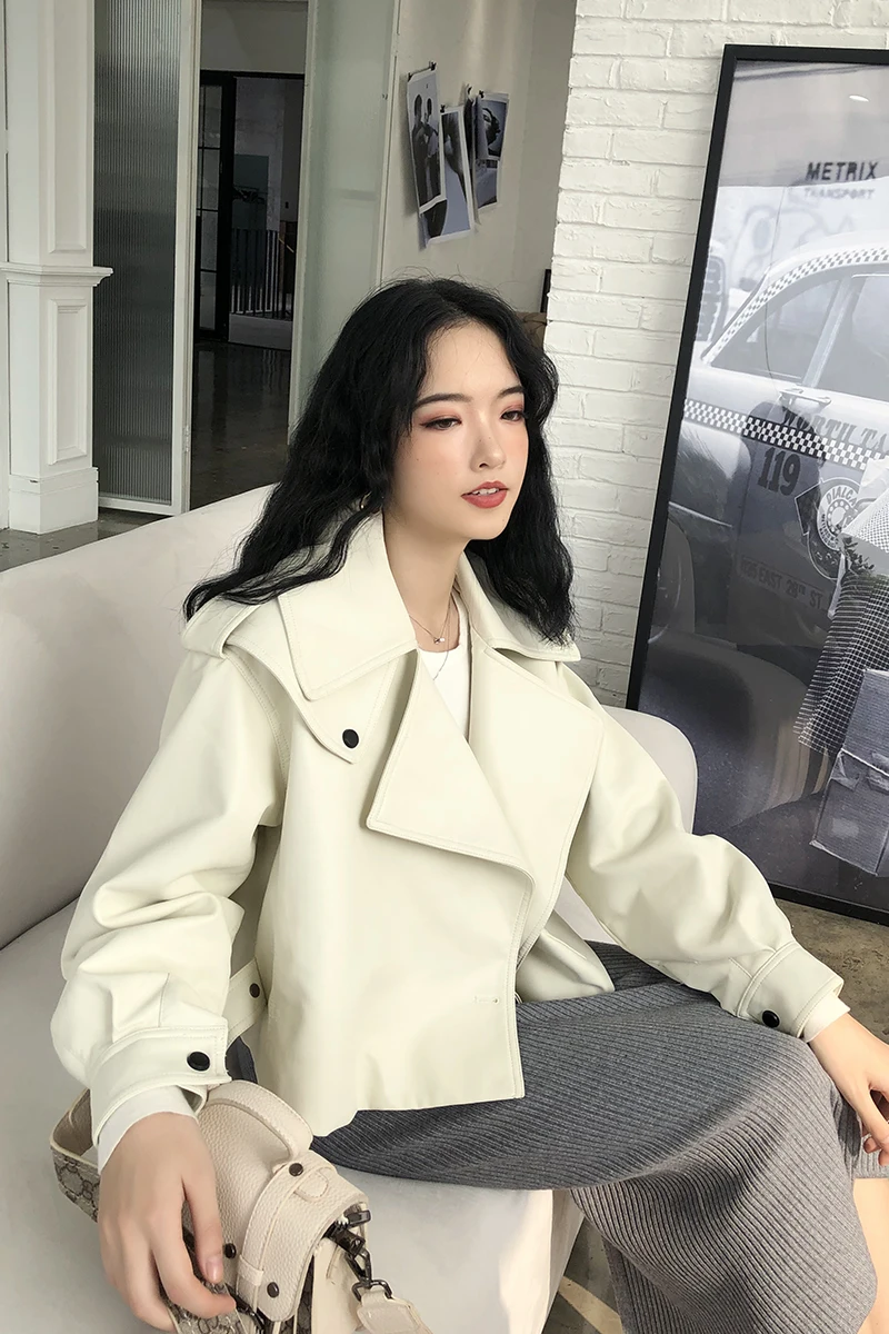 FMFSSOM Spring Autumn Loose Design Turn-Down Collar MotoBike Pu Leather Jacket Women Long Sleeve Turn-Down Collar