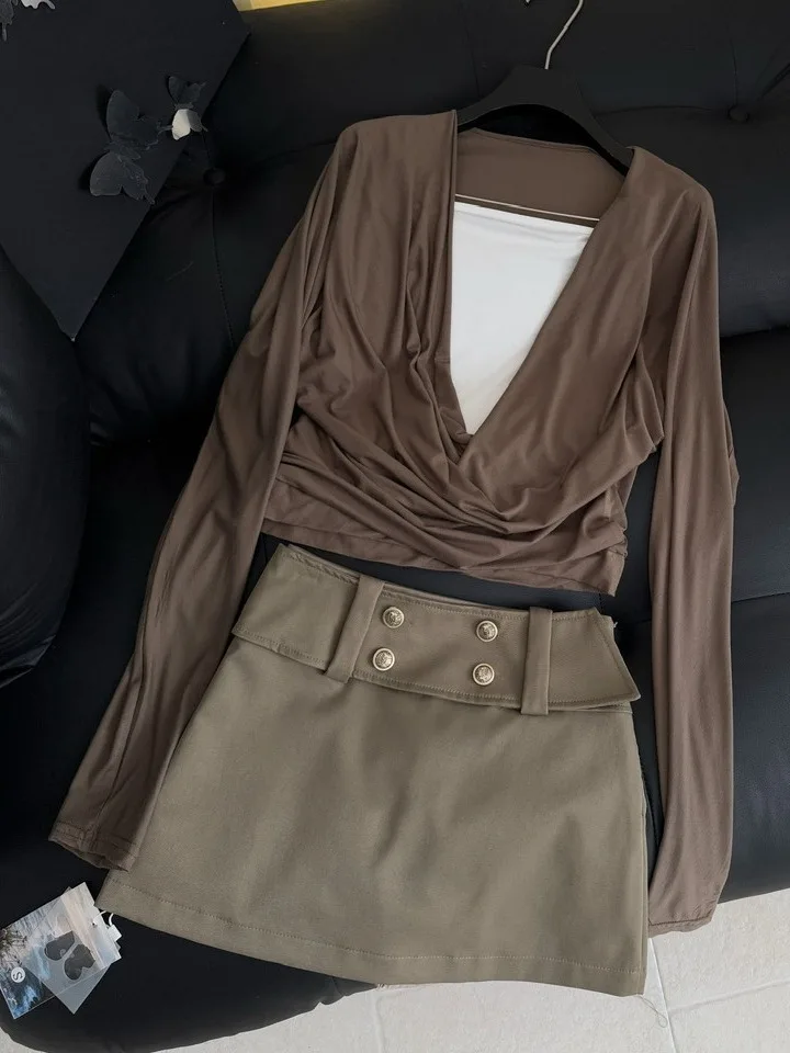 

Spicy Girl Pure Desire Sle Long Sve High Waist Skirt Set Women's Faion Spring Collection Two-Piece Ensemble