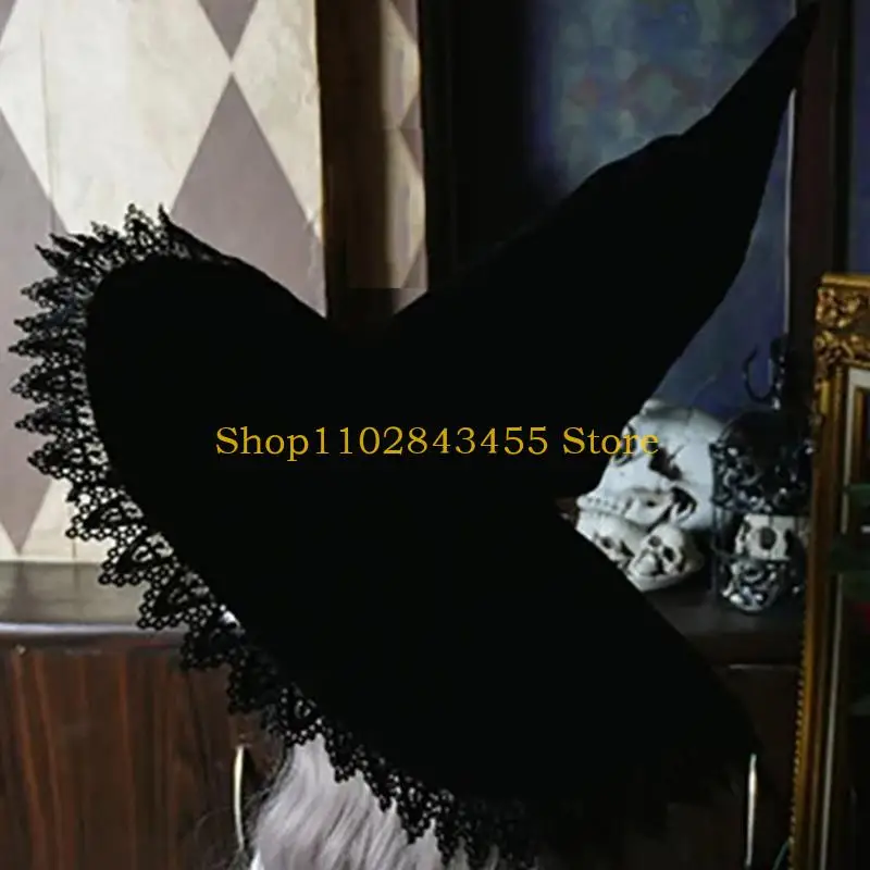 49MC Black Witch Hat for Halloween Wide Brim Party Hat Women Witchcap Wizard Hat Carnival Costume Night Club Female Headdress