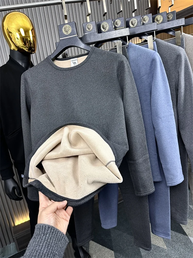 Thickened Camel down Warmth Set Men's  Color Fleece Lined Plush Long Pants Small round Neck Couple's Thermal Suit