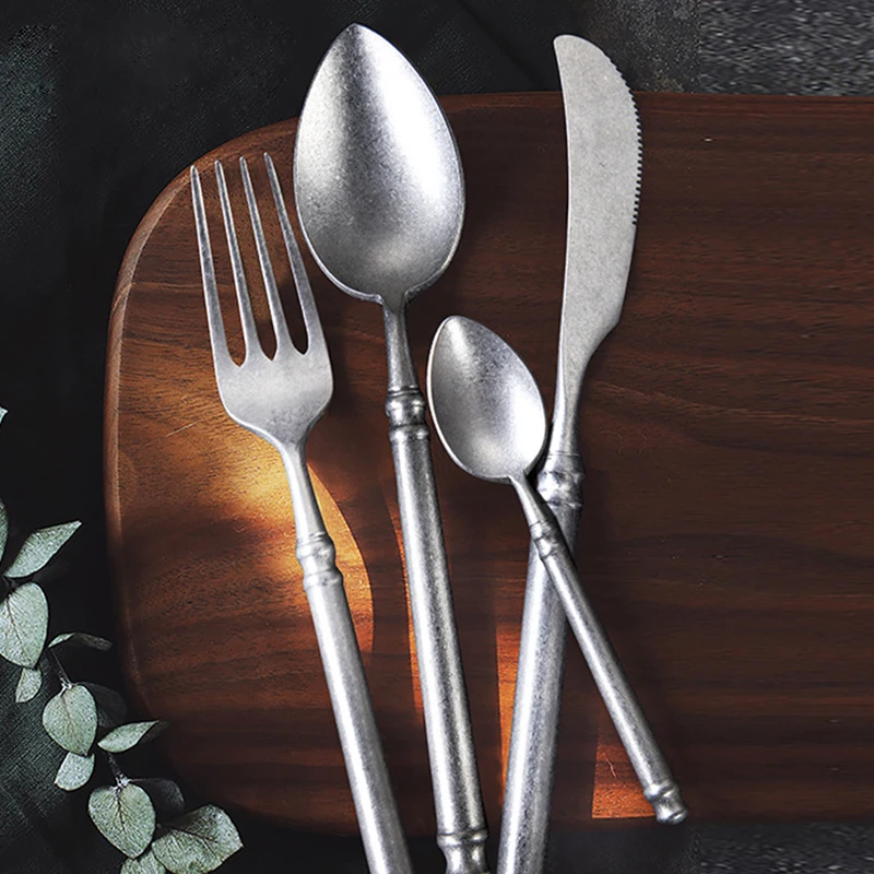 Vintage Luxury Dinnerware Metal Reusable Flatware Matte Knife Fork Spoon Stainless Steel Cutlery Set Retro Food Decor Tableware