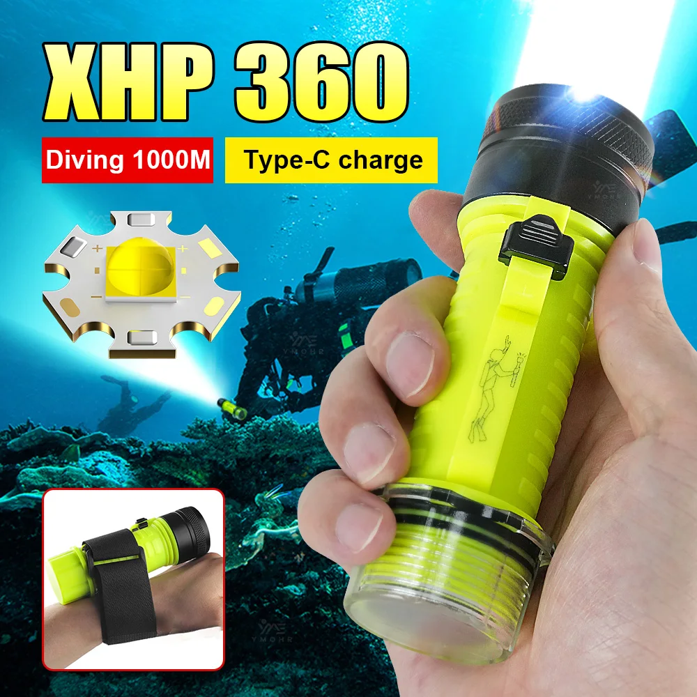 XHP 360 Diving Flashlight IPX8 Underwater Lamp USB Rechargeable Light Professional Diving Torch Super Bright Flashlights Fishing