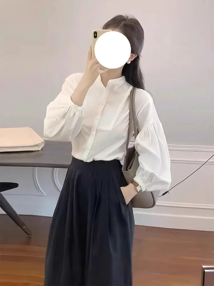 

White Lace Collar Bubble Sleeve Shirt Women's Autumn Winter New Early Spring Stand Collar Blouse Layering Inner Wear Base Shirt