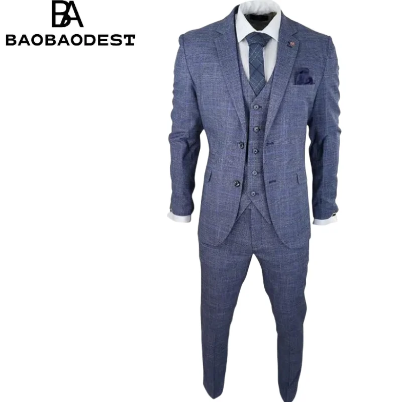 

Men's 3-Piece Tartan Check Suit – Tailored Fit Summer Vintage Blazer, Vest & Pants for Wedding, Party, Business, Cosplay
