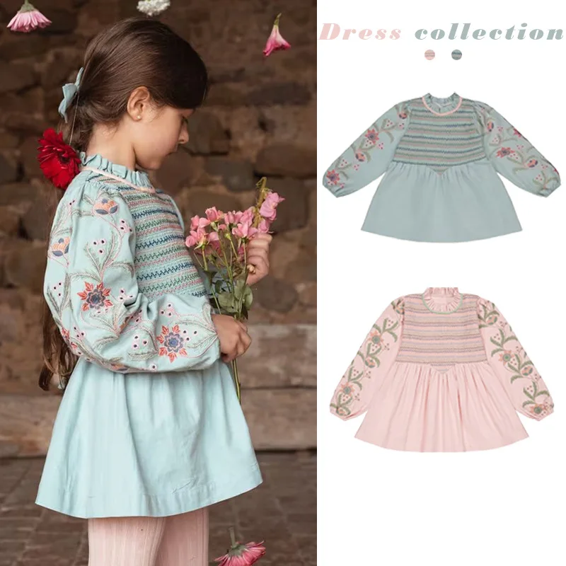 Girls' Long-sleeved Dress 2026 Autumn New Pink Embroidered Couture Dress Long Skirt Cotton Sweet Pastoral Girl Princess Dress