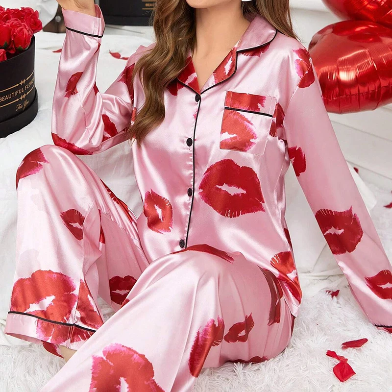 Red Lip Print Satin Pajama Set Autumn Casual Long Sleeve Button Up Lapel Collar Top & Pants Sleepwear & Loungewear Pyjama Femme