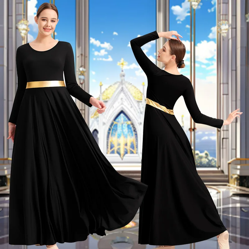 Женское свободное платье с длинными рукавами в полный рост, платье для современного танца для взрослых, костюм для поклонения, литургический металлический костюм, танцевальное платье