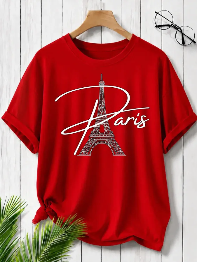Women Red Paris T Shirt Americana Streetwear Top Eiffel Tower Graphic Tee Relaxed Oversized Short Sleeve Shirt Dopamine Outfit Casual Clothing