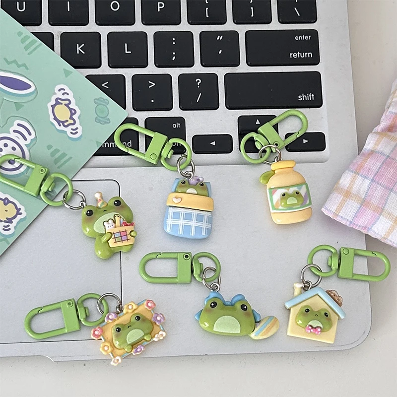 Cartoon Frog Key Chain Cute House Vase Photo Frame Frog Pendant Car Key Ring Backpack Charms Bag Decor Accessories