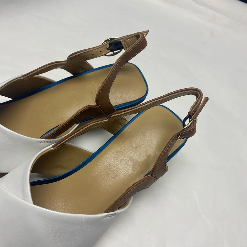 Withered British Fashion Summer Sandals Shoes Women Blue  White Color Cowhide Comfortable Commuting High Heel Sandals Women