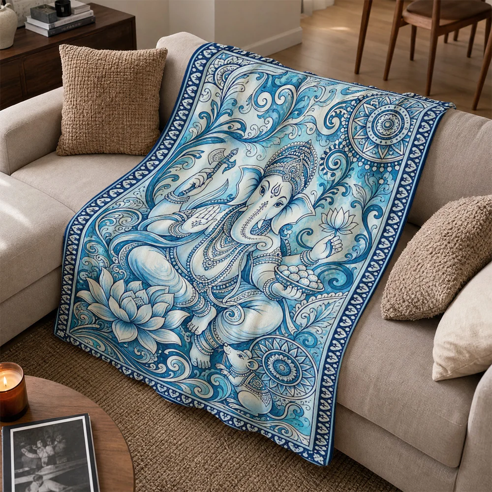 Luxurious Boho Ganesh Sofa Throw Blanket Indian Mythology Home Decor Accent Couch Cover Tropical Blue White Ethnic Wall Art