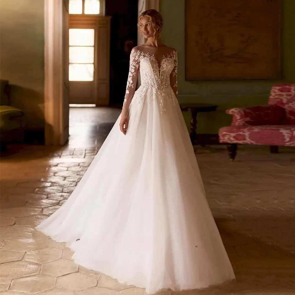 

Glitter Sheer O-neck Wedding Dresses Customized Long Sleeves Sequined Applique Bridal Gown Sweep Train Vestido De Noiva