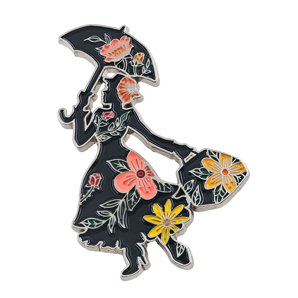 Pin Esmaltado de Mary Poppins, Broche Clásico de Paraguas Volador, Insignia Floral Vintage, Pin de Solapa de la Niñera Mágica, Regalo para Fans de Mochilas