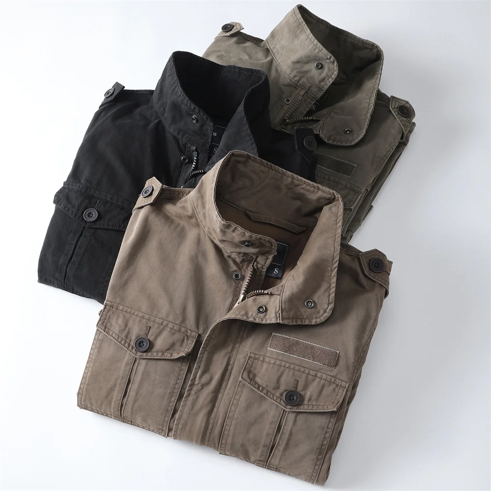 Asian Size Men's Heavy Cotton Winter Jacket Trendy Bomber Sheep Skin Pattern Washed Multi-Pocket Zipper Windproof