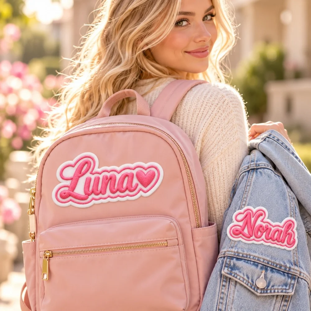 1PC Custom Embroidered Name Patch Personalized Heart Text Iron On Sew On Badge Backpack Jacket Bag Luggage Clothing Pouch Decor