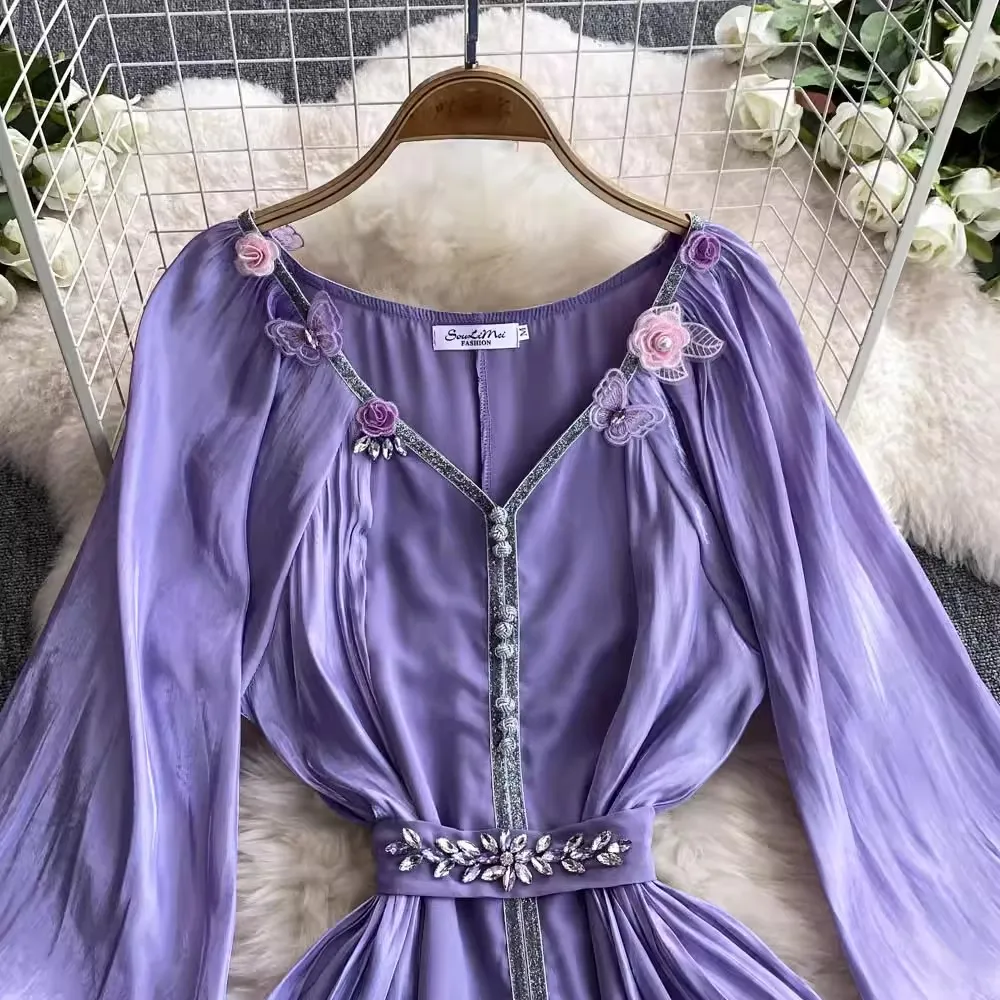 Elegant Autumn Purple Organza Puff Sleeve Prom Party Long Dress Luxury Women Square Collar Diamonds Floral Lace Up Belt Clothes