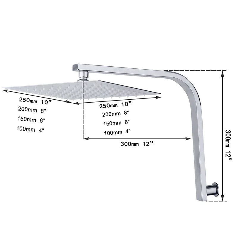 4 6 8 10 inch Bathroom Wall Mounted Square Rainfall Stainless Steel Shower Head Mixer Chrome Finish Sprayer Tap With Shower Arm