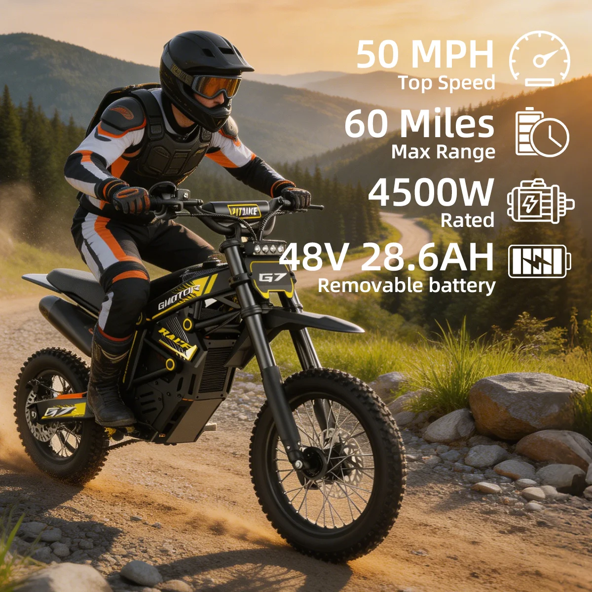 UPlee G7 Spark Electric Dirt Bike 4500W Peak&Up to 60 Miles 50MPH 48V 28.6Ah Battery E-Bike 14