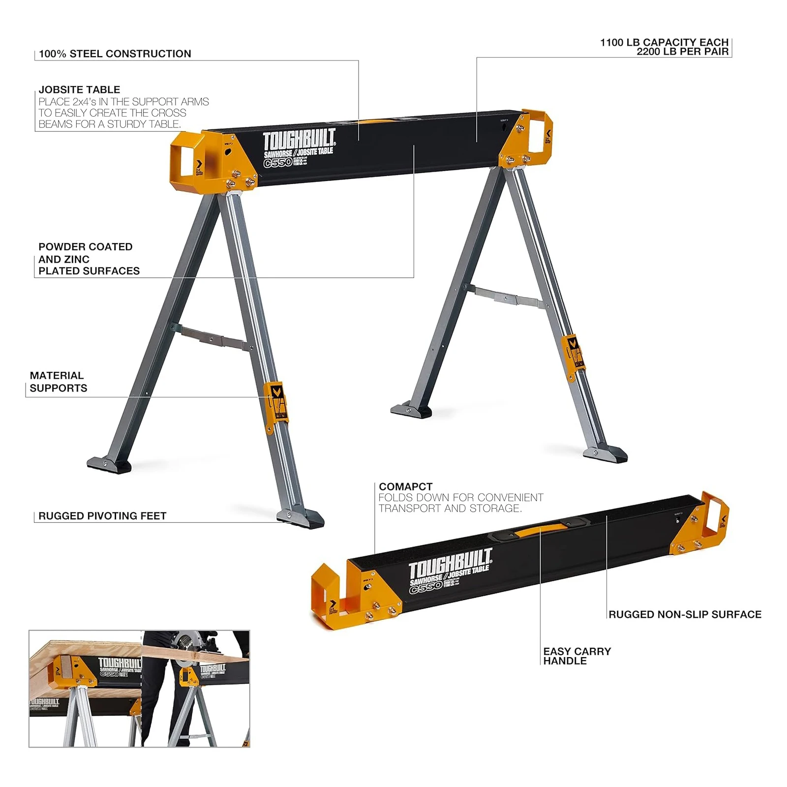 TOUGHBUILT TB-C550/TB-C700 Sawhorse / Jobsite Table Construction Stand Folding Load Bearing Construction Site Saw Horse MiterSaw