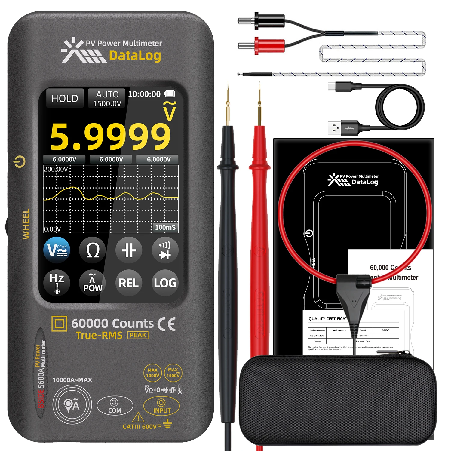 BSIDE PV Digitalmultimeter S600A, 60.000 Zählungen, Multitester zur Leistungsmessung mit 10.000-A-Wechselstrommesszange, Datenlogger mit 3,98-Zoll-Touch-LCD, 1500 VDC/1000 VAC, Diode-, Temperatur-,