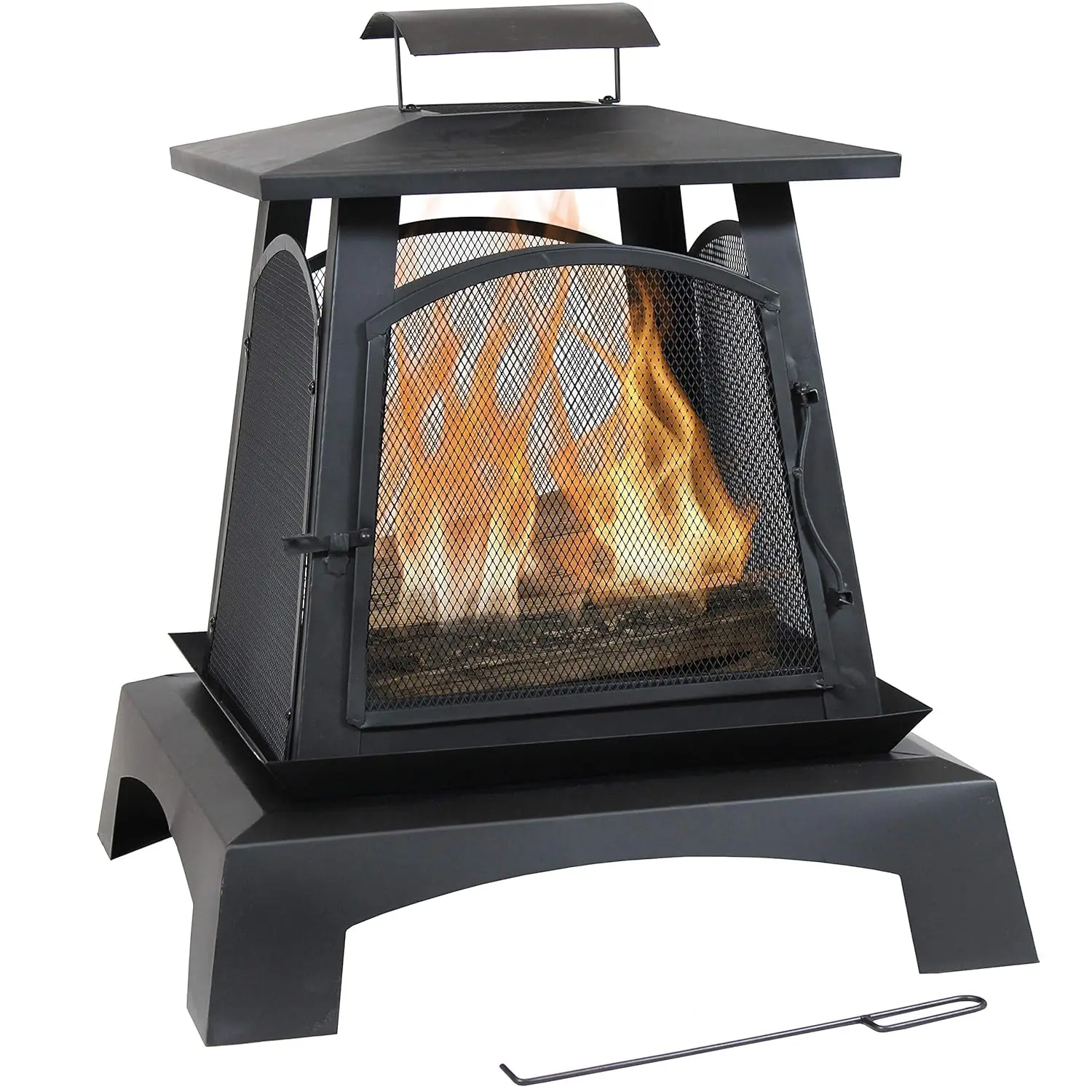

Sunnydaze 32-Inch Pagoda-Style Steel Wood-Burning Fire Pit with Log Grate and Poker - Black High-Temperature Paint, Customized