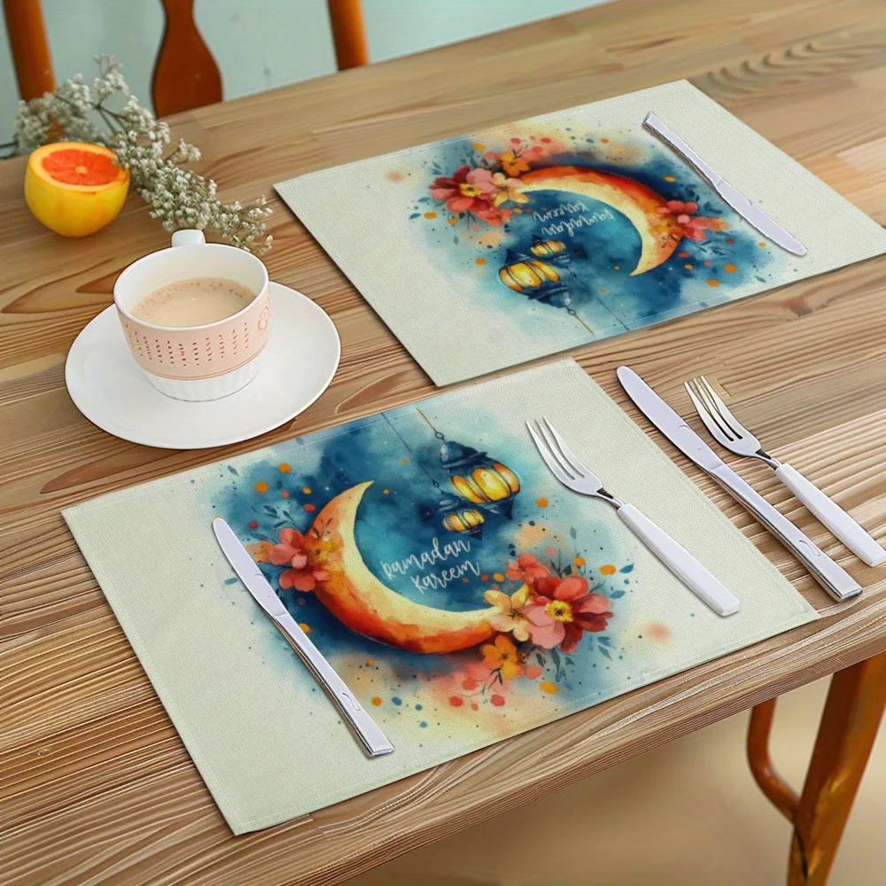 1PC Ramadan Crescent Moon Print Placemats – Rectangular Machine Washable Table Mats for Ramadan & Eid