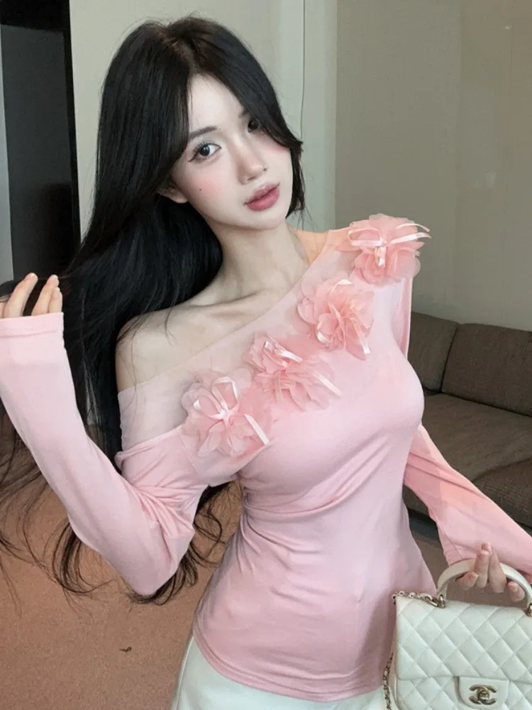

Elegant Asymmetrical Floral 3D Print Base Shirt Women's Mesh Splice One-Shoulder Design Sensation Inner Wear Top Korean Style