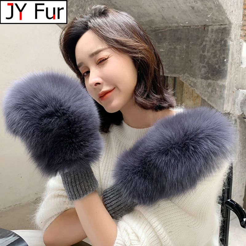 

2024 New Women Winter Luxury Real Fox Fur Gloves Wool Knitting Mitten Girls Ski Gloves Warm Fur Mittens Russian Lady Wrist Glove