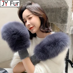 2024 New Women Winter Luxury Real Fox Fur Gloves Wool Knitting Mitten Girls Ski Gloves Warm Fur Mittens Russian Lady Wrist Glove