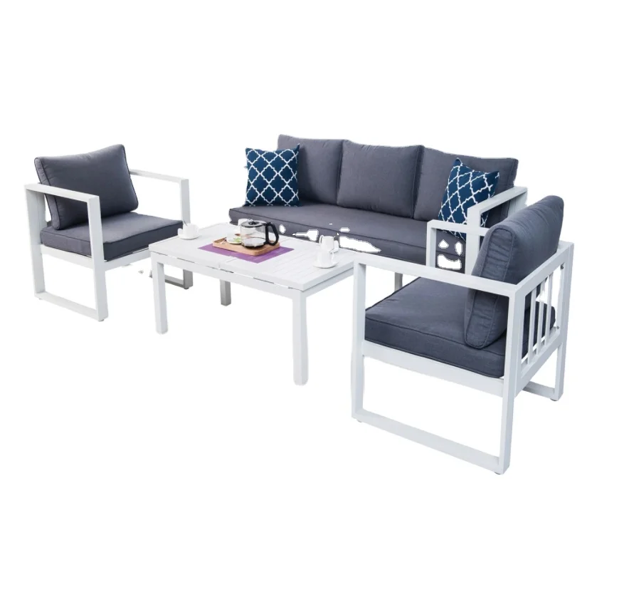

Modern 4pcs Aluminum Tube Frame Tempered Glass All-Weather Resistant Rectangle Sectional Outdoor Conversation Sofa Set