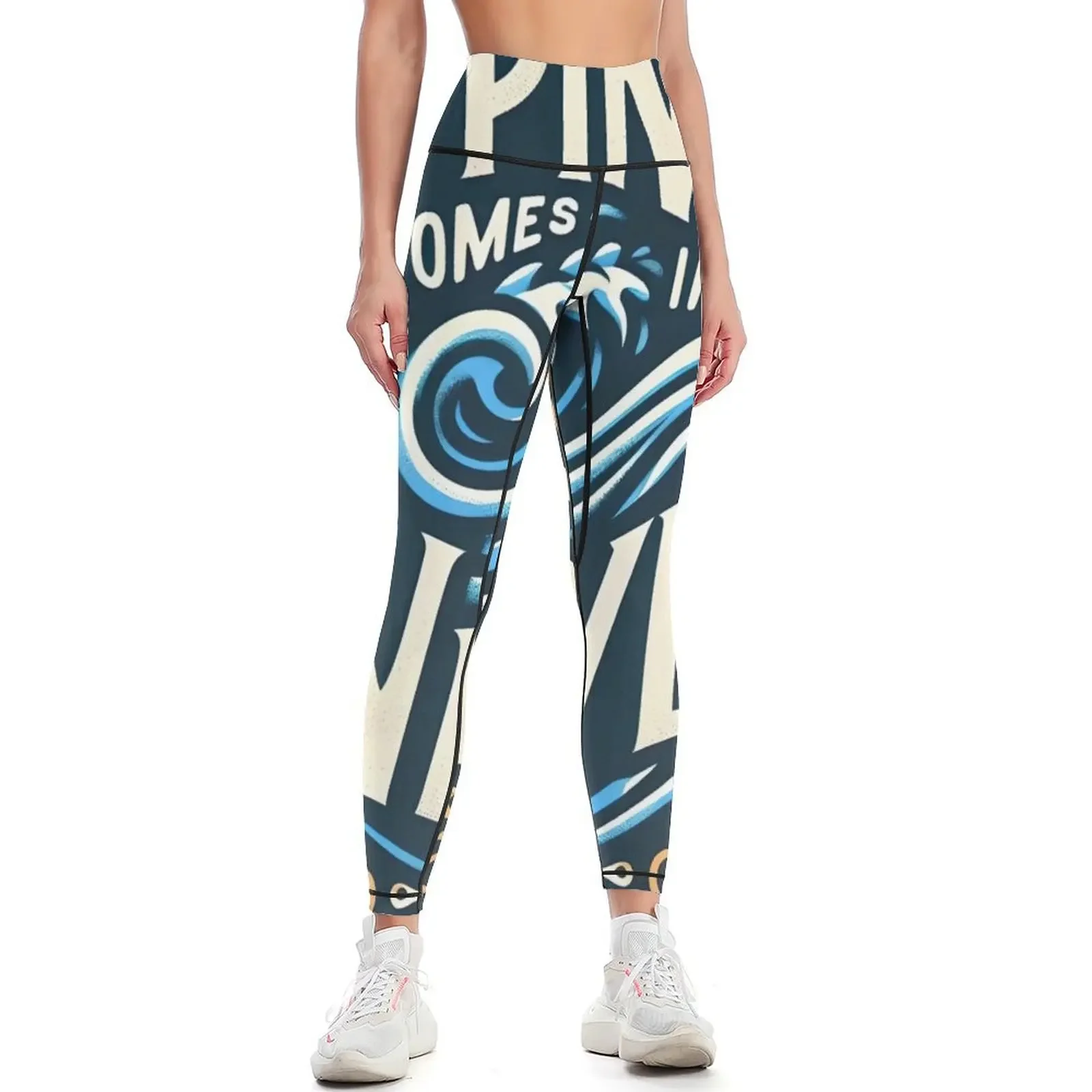

Happiness comes in waves, typography Leggings for girls Sports pants for gym clothing Training pants Womens Leggings
