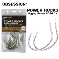 OBSESSION 10pcs/bag 8064 1X High Carbon Metal Jig Assist Power Pike Hooks 1/0 2/0 3/0 4/0 5/0 PIKE Light Slow Jigging Hook