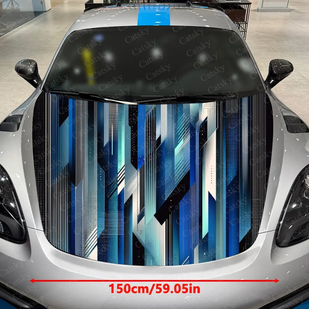 Cyber Geometric Blue-Silver Gradient Car Vinyl Wrap, PVC Waterproof Car Hood Sticker, Self-Adhesive Scratch-Resistant Stickers