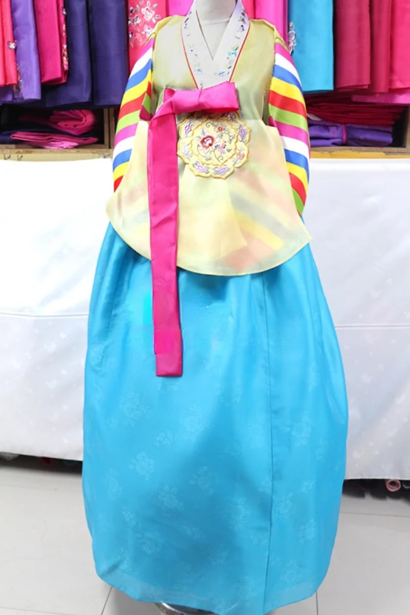 Hanbok-크레이프 원사 한복 드레스, 손 자수 여성 국가 전통 정장 연회 축하 공연 복장