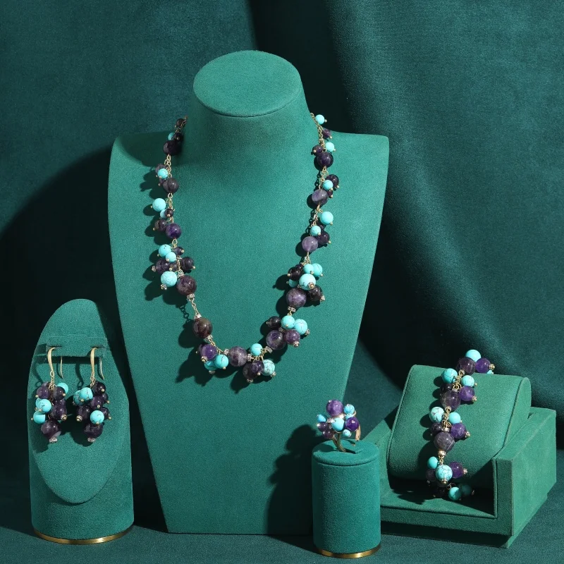 Vintage Turquoise Purple Crystal Grape Jewelry Sets 18k Gold Plated Natural Stone Necklace Earrings Bracelet Rings Trends 2026