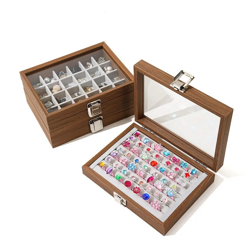 Vintage Wood Pattern Mini Jewelry Box with Window Display Rings Necklace Earrings Organizer Case Jewel Storage Wedding Gift Box