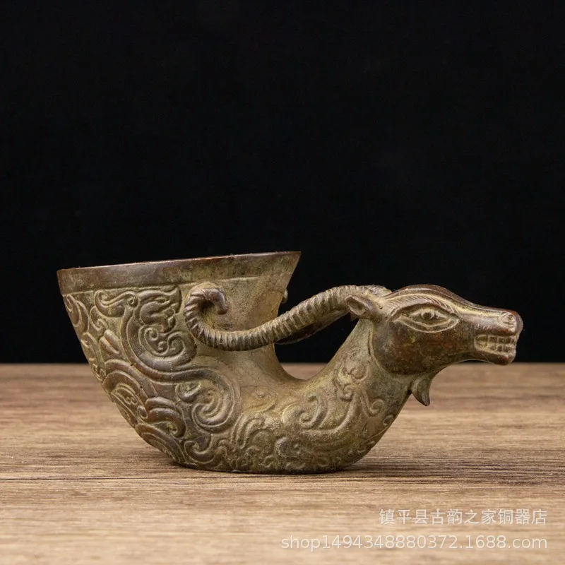 Brass Antique Sheep and Dragon Pattern Decanter Copper Set Wine Glass Ornament Office Living Room Shop Craft