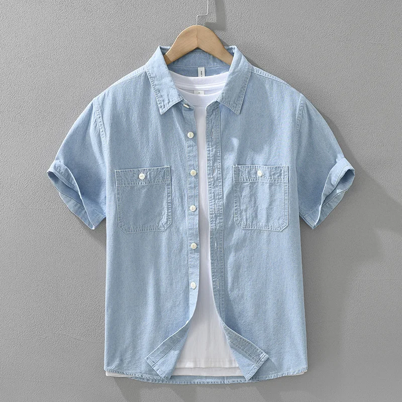 

Summer New Mens Denim Shirt Short Sleeves Japanese Style Jean Shirts Male Pure Cotton Cowboy Tops Double Pockets Designer Shirts