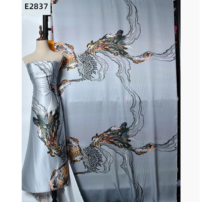 HYSK Soft Printed Silk satin Fabric By The Yard 114cm Width Flower Fabrics for Women Dress Diy Sewing Cheongsam Shirt SGS E2835