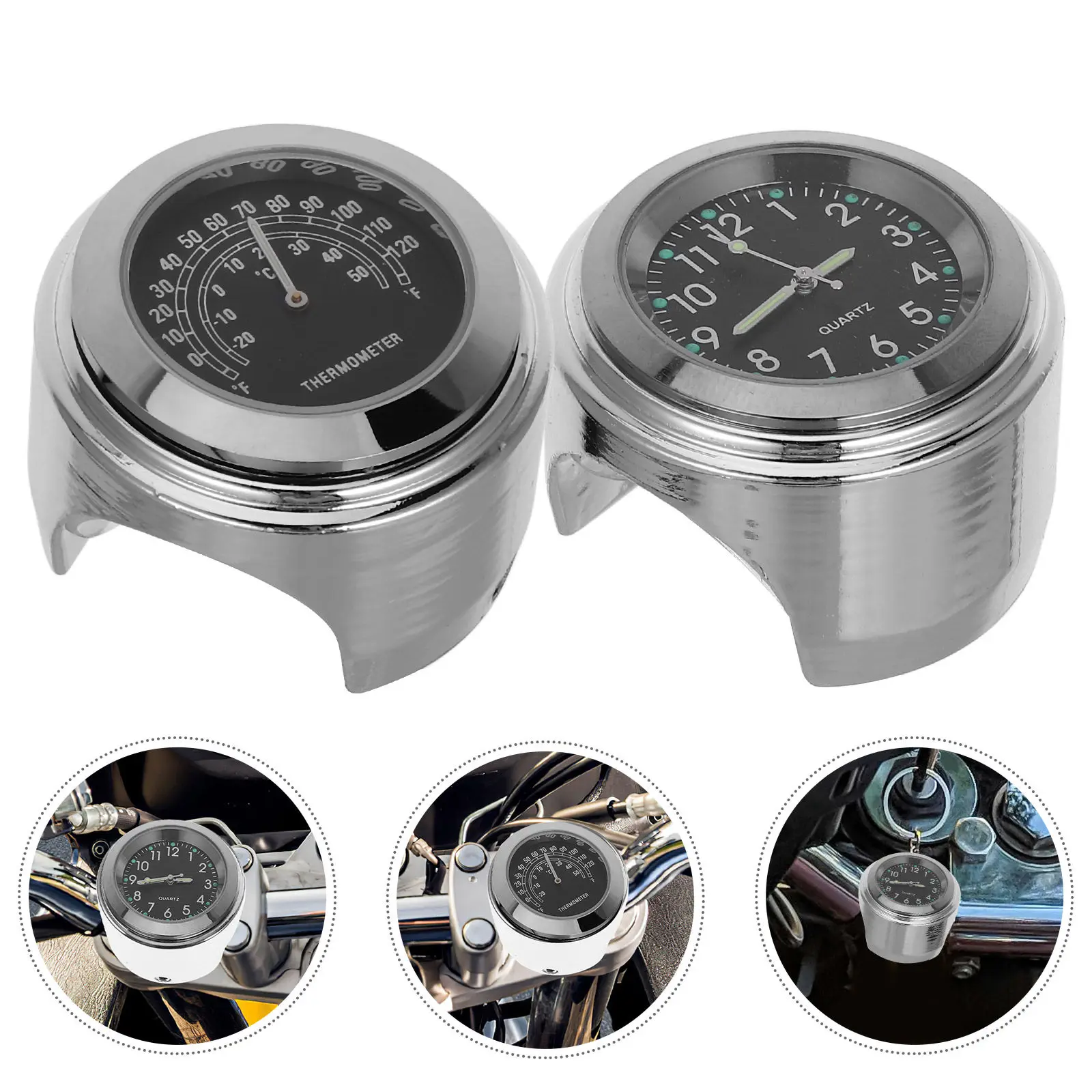 

2Pcs Motorcycle Clock Thermometer Dual Function Aluminum Waterproof Corrosion Resistant Display for 22-25Mm