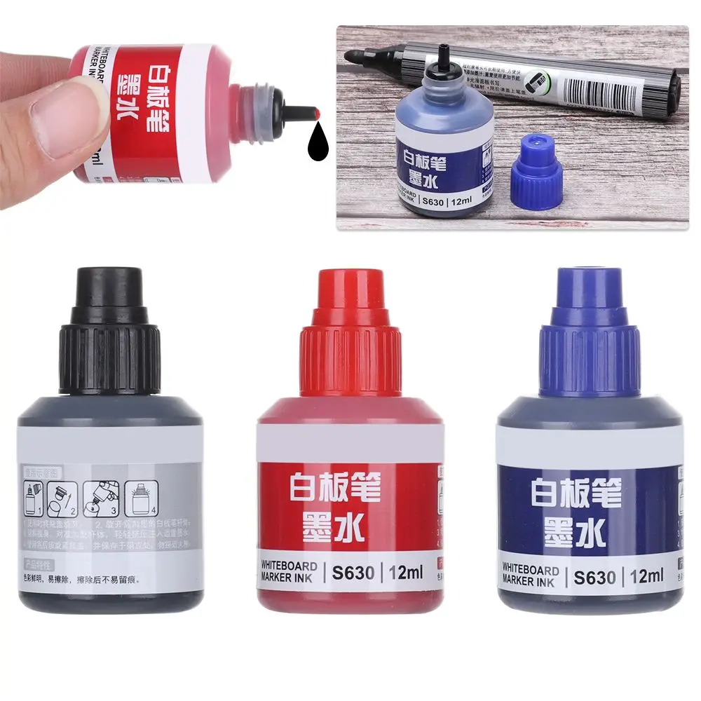 12ml Refill Ink Erasable Whiteboard Marker Pen Inks Black Red Blue 3 Colors Instantly Dry Office Supplies