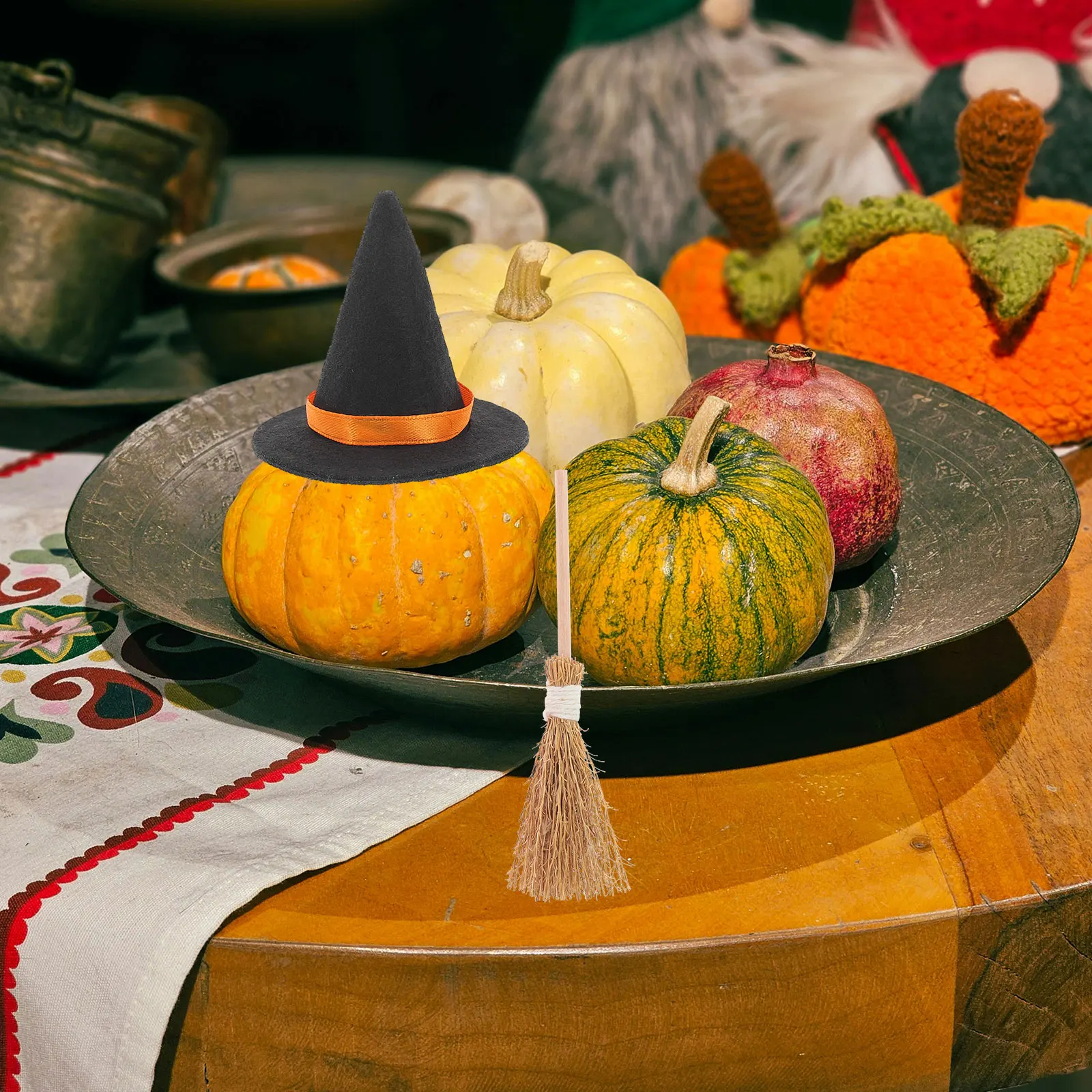 

3Set Hat Broom Set Felt Wood Grass Material DIY Halloween Party Decoration Miniature Witch Decor Tiny Hat Broom
